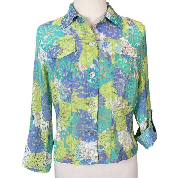 Ruby Road Floral Burnout Shacket Short Tab Sleeves Abalone Buttons Pockets 10P - Picture 1 of 9